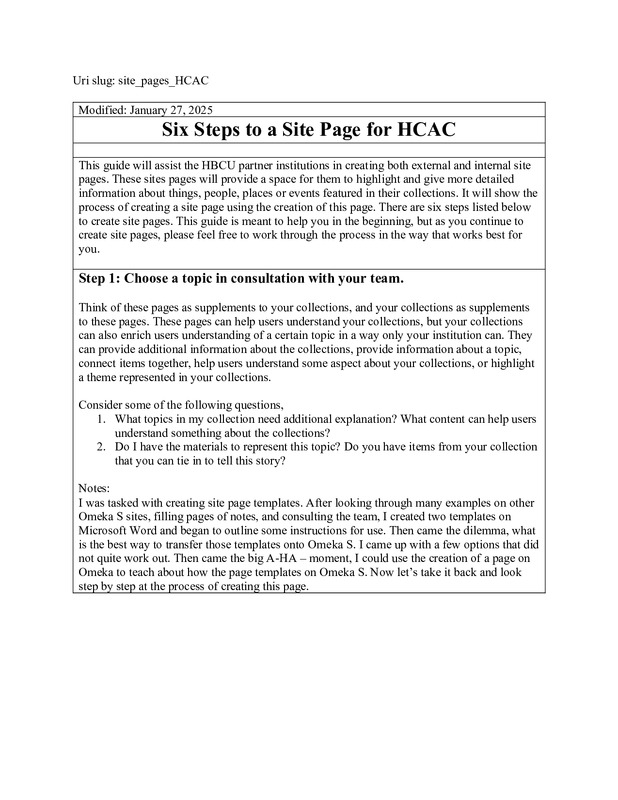 Timmia's Example Template - "Six Steps to a Site Page for HCAC"